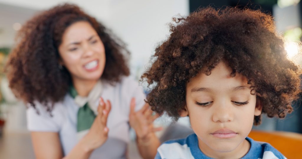 Discipline, angry and mom scolding child for behavior problem, naughty attitude and punishment on h